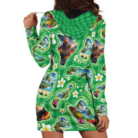 Hawaii Map with Plumeria Flower and Palaka Pattern Hoodie Dress Tropical Island Green Design LT03 - Polynesian Pride
