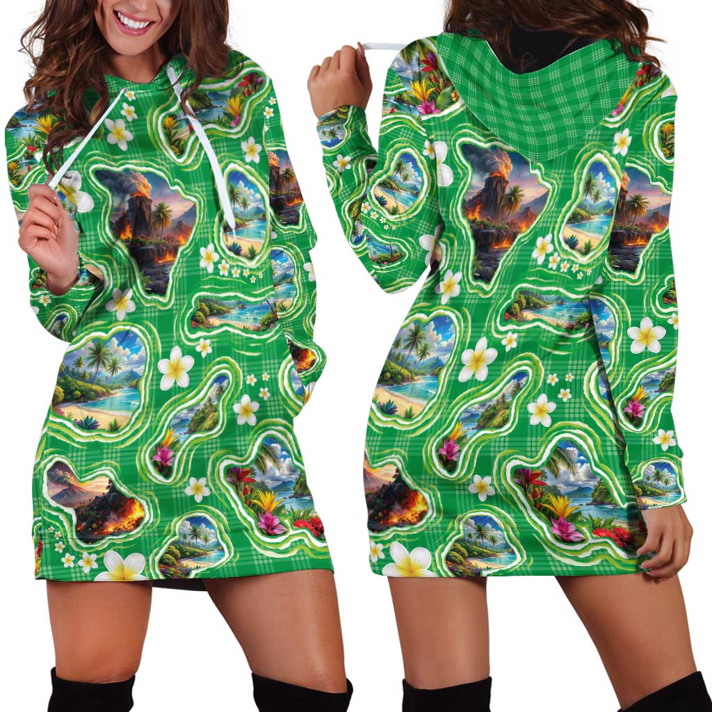 Hawaii Map with Plumeria Flower and Palaka Pattern Hoodie Dress Tropical Island Green Design LT03 - Polynesian Pride