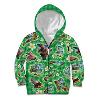 Hawaii Map with Plumeria Flower and Palaka Pattern Kid Hoodie Tropical Island Green Design LT03 Zip Hoodie Green - Polynesian Pride