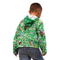 Hawaii Map with Plumeria Flower and Palaka Pattern Kid Hoodie Tropical Island Green Design LT03 - Polynesian Pride