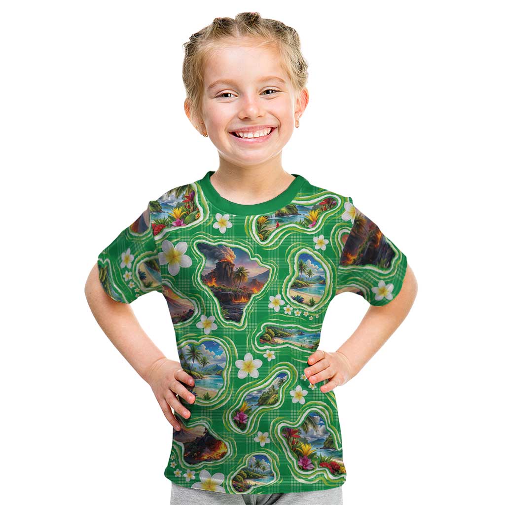 Hawaii Map with Plumeria Flower and Palaka Pattern Kid T Shirt Tropical Island Green Design LT03 Green - Polynesian Pride