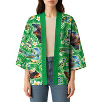 Hawaii Map with Plumeria Flower and Palaka Pattern Kimono Tropical Island Green Design LT03 - Polynesian Pride