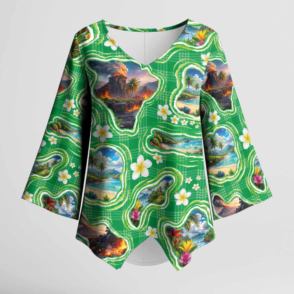 Hawaii Map with Plumeria Flower and Palaka Pattern Kimono Sleeve Blouse Tropical Island Green Design LT03 Female Green - Polynesian Pride