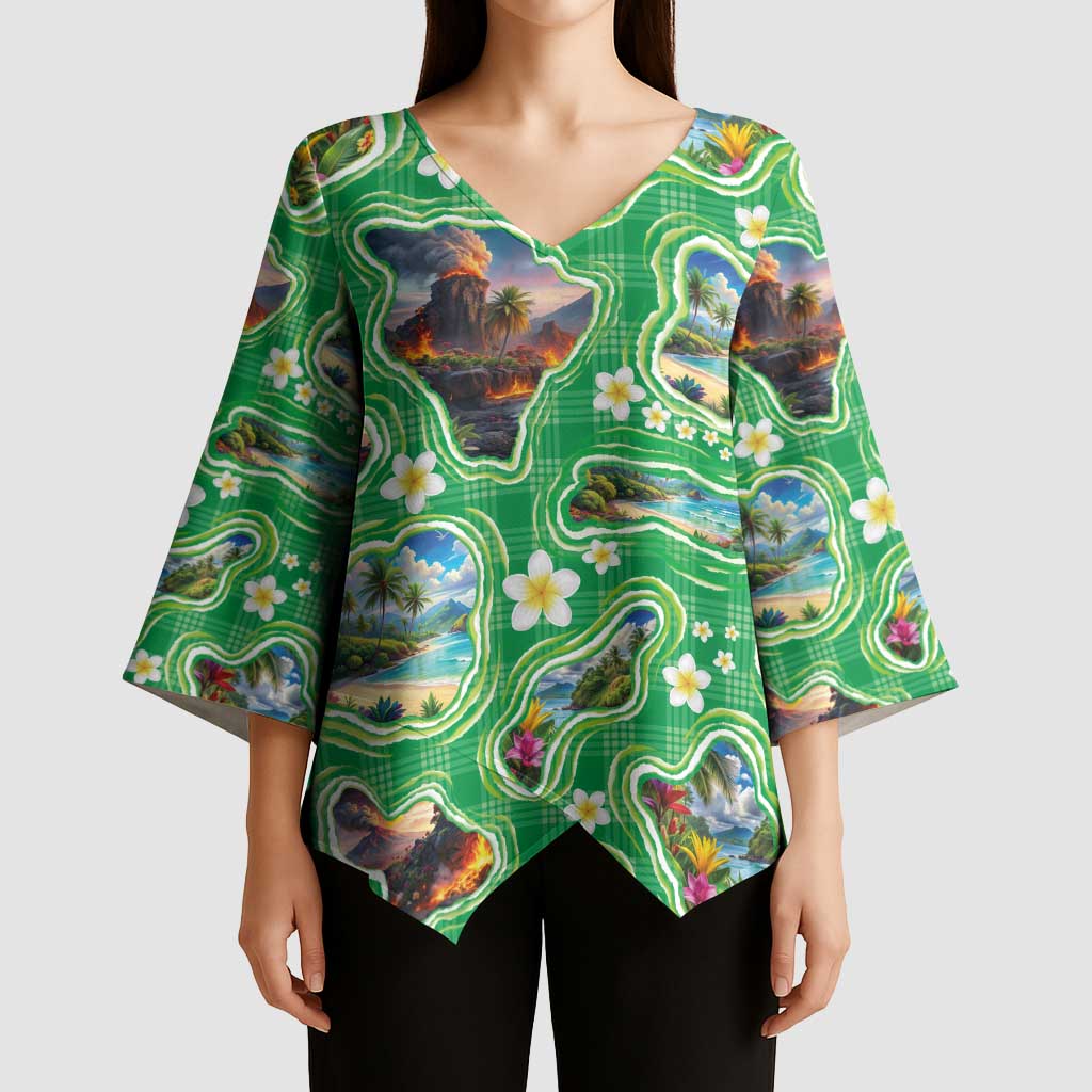 Hawaii Map with Plumeria Flower and Palaka Pattern Kimono Sleeve Blouse Tropical Island Green Design LT03 - Polynesian Pride