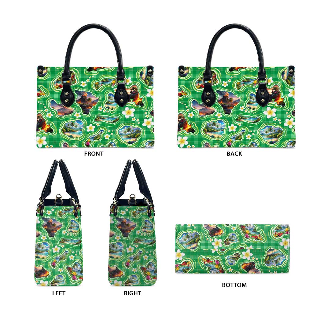 Hawaii Map with Plumeria Flower and Palaka Pattern Leather Bag Tropical Island Green Design LT03 - Polynesian Pride