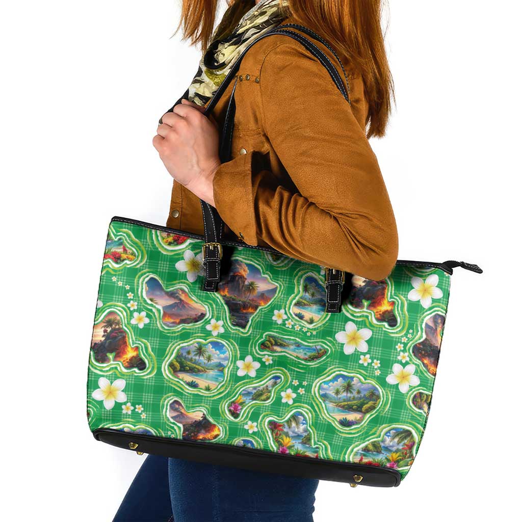 Hawaii Map with Plumeria Flower and Palaka Pattern Leather Tote Bag Tropical Island Green Design LT03 Green - Polynesian Pride