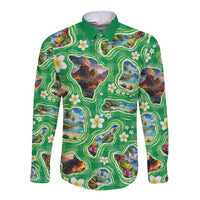 Hawaii Map with Plumeria Flower and Palaka Pattern Long Sleeve Button Shirt Tropical Island Green Design LT03 Unisex Green - Polynesian Pride
