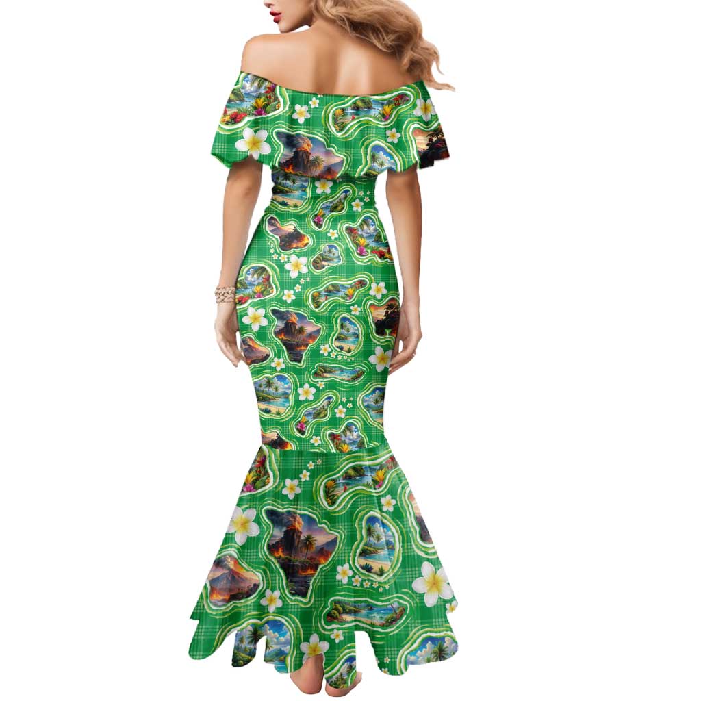 Hawaii Map with Plumeria Flower and Palaka Pattern Mermaid Dress Tropical Island Green Design LT03 - Polynesian Pride