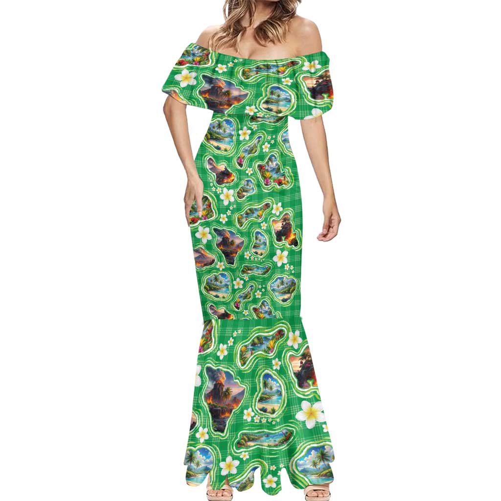 Hawaii Map with Plumeria Flower and Palaka Pattern Mermaid Dress Tropical Island Green Design LT03 - Polynesian Pride