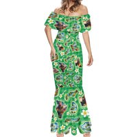 Hawaii Map with Plumeria Flower and Palaka Pattern Mermaid Dress Tropical Island Green Design LT03 - Polynesian Pride