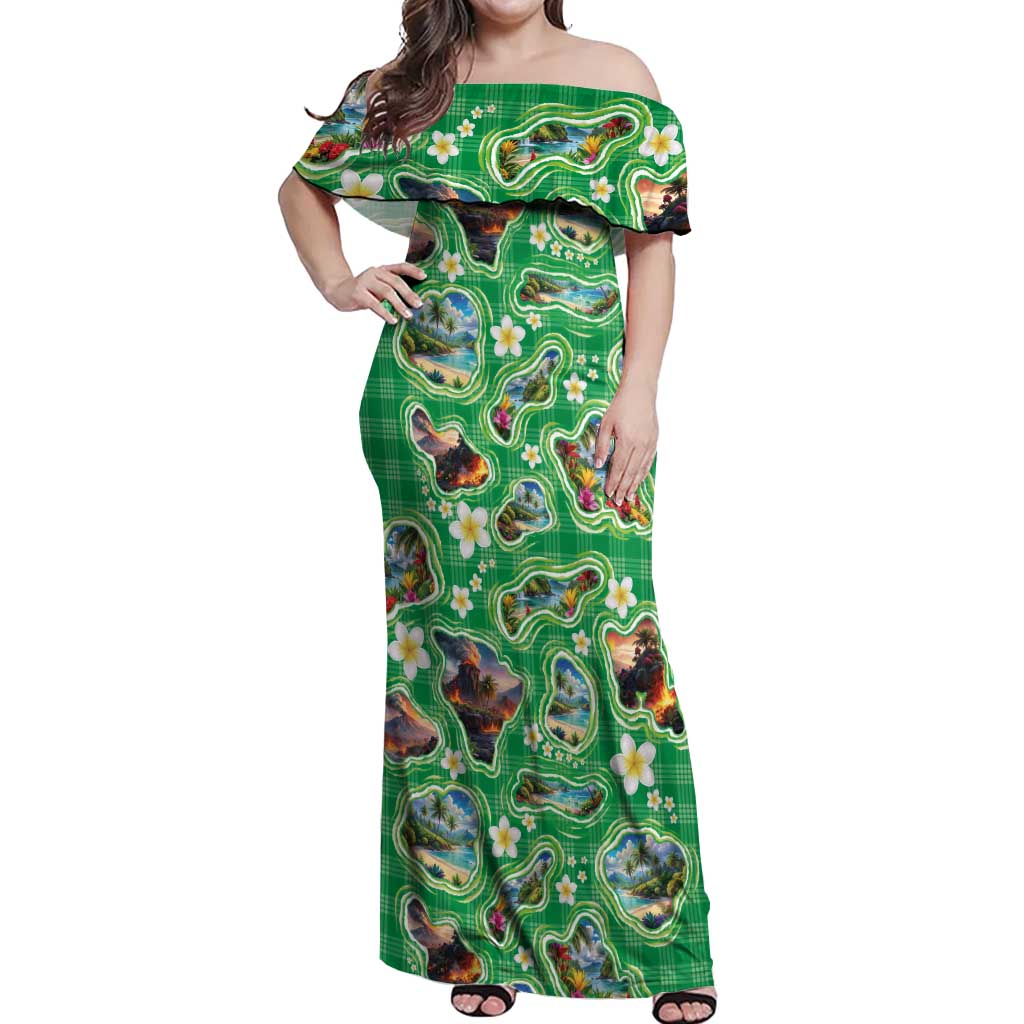 Hawaii Map with Plumeria Flower and Palaka Pattern Off Shoulder Maxi Dress Tropical Island Green Design LT03 Women Green - Polynesian Pride