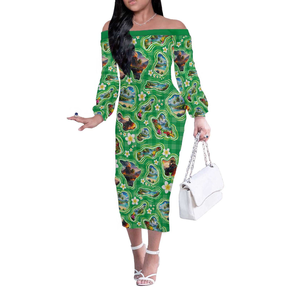 Hawaii Map with Plumeria Flower and Palaka Pattern Off The Shoulder Long Sleeve Dress Tropical Island Green Design LT03 Women Green - Polynesian Pride