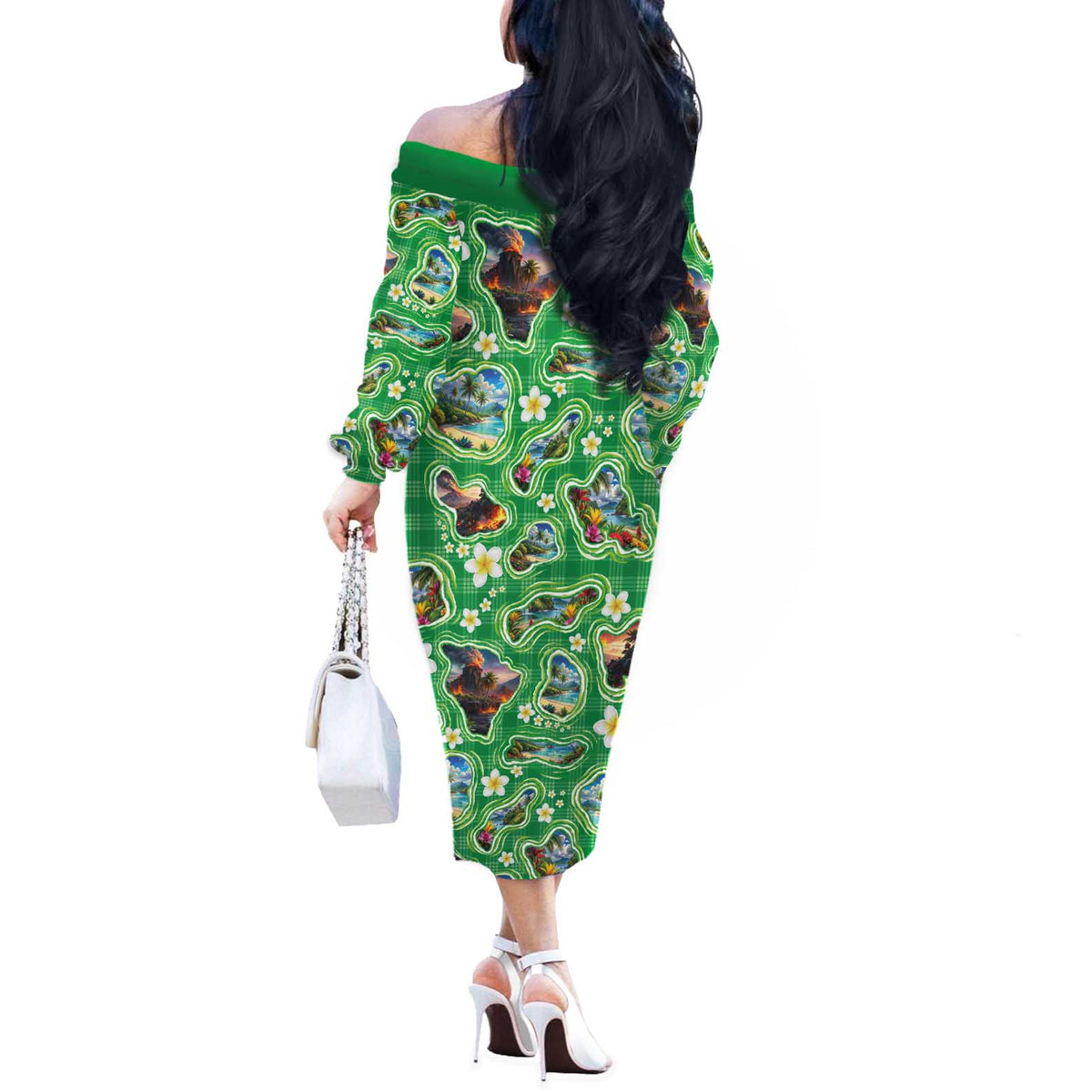 Hawaii Map with Plumeria Flower and Palaka Pattern Off The Shoulder Long Sleeve Dress Tropical Island Green Design LT03 - Polynesian Pride