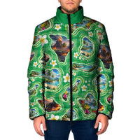 Hawaii Map with Plumeria Flower and Palaka Pattern Padded Jacket Tropical Island Green Design LT03 Men Green - Polynesian Pride