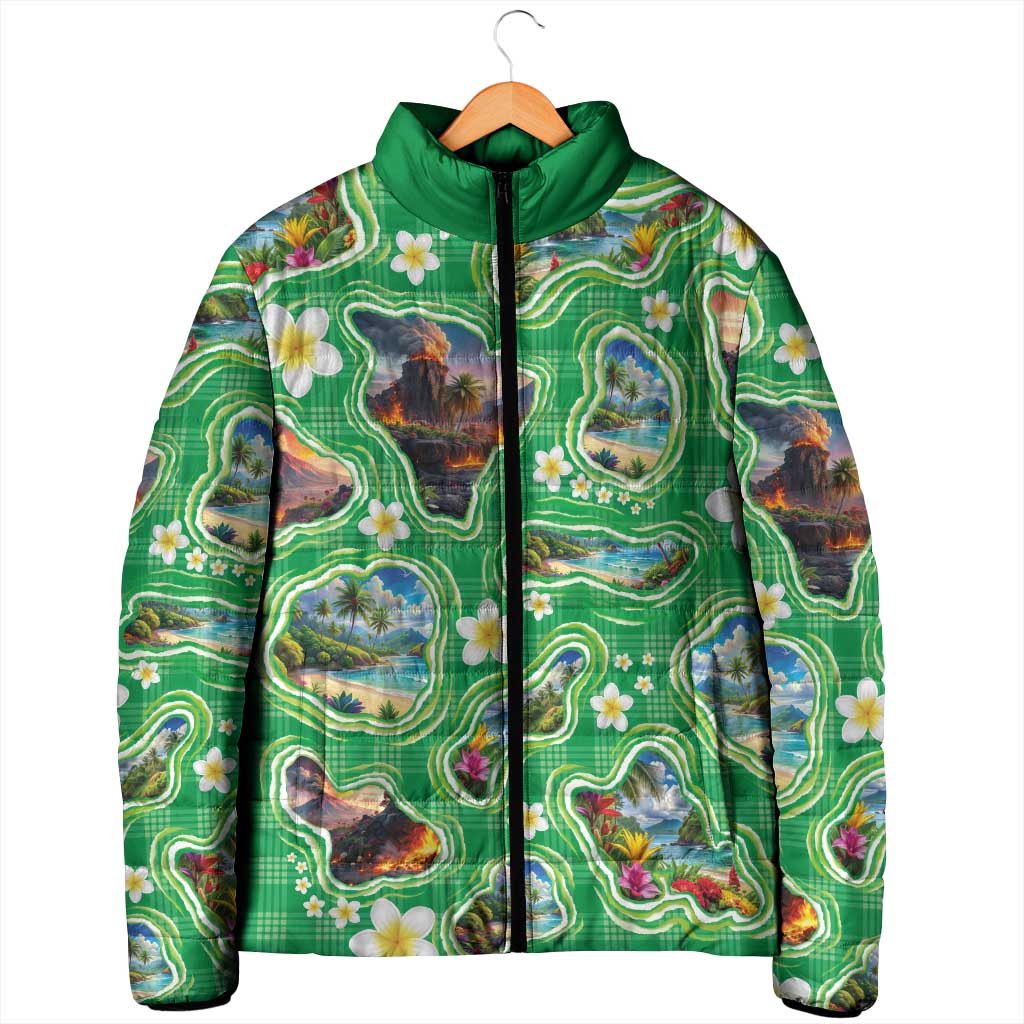 Hawaii Map with Plumeria Flower and Palaka Pattern Padded Jacket Tropical Island Green Design LT03 - Polynesian Pride