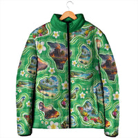 Hawaii Map with Plumeria Flower and Palaka Pattern Padded Jacket Tropical Island Green Design LT03 - Polynesian Pride