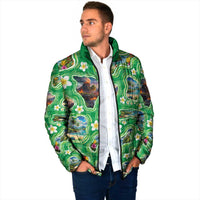 Hawaii Map with Plumeria Flower and Palaka Pattern Padded Jacket Tropical Island Green Design LT03 - Polynesian Pride