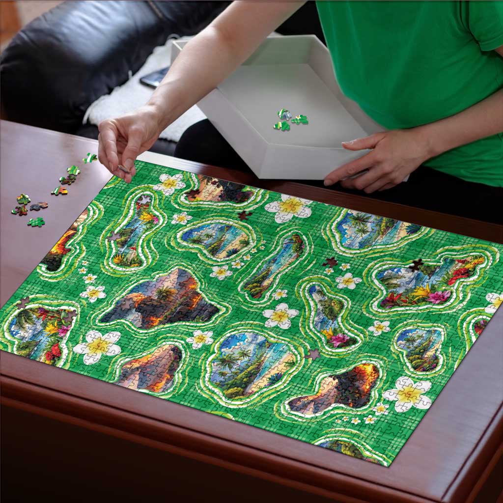 Hawaii Map with Plumeria Flower and Palaka Pattern Puzzle Tropical Island Green Design LT03 - Polynesian Pride
