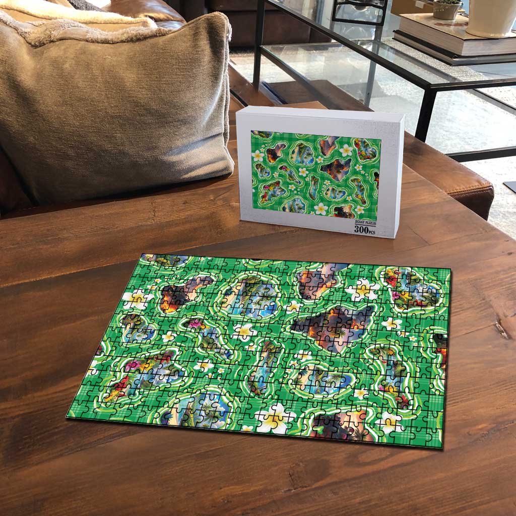 Hawaii Map with Plumeria Flower and Palaka Pattern Puzzle Tropical Island Green Design LT03 - Polynesian Pride