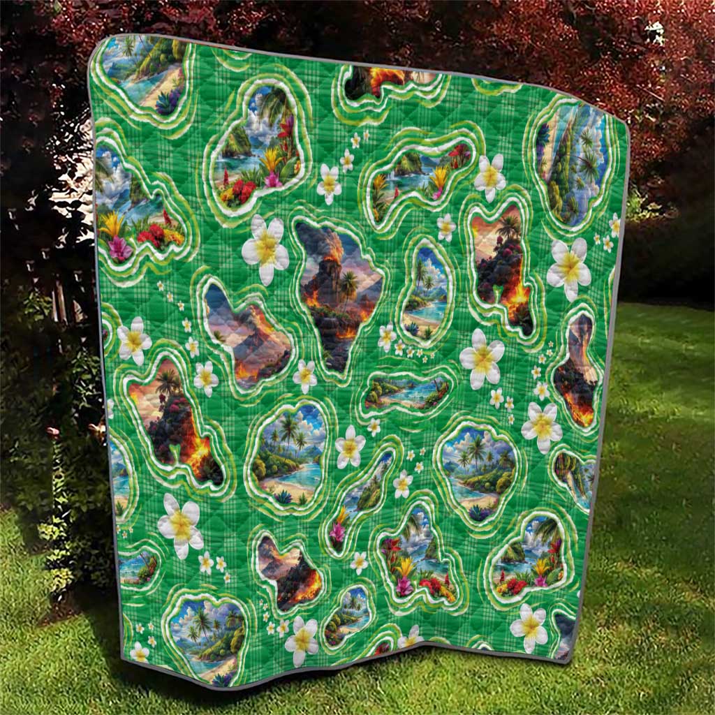 Hawaii Map with Plumeria Flower and Palaka Pattern Quilt Tropical Island Green Design LT03 - Polynesian Pride