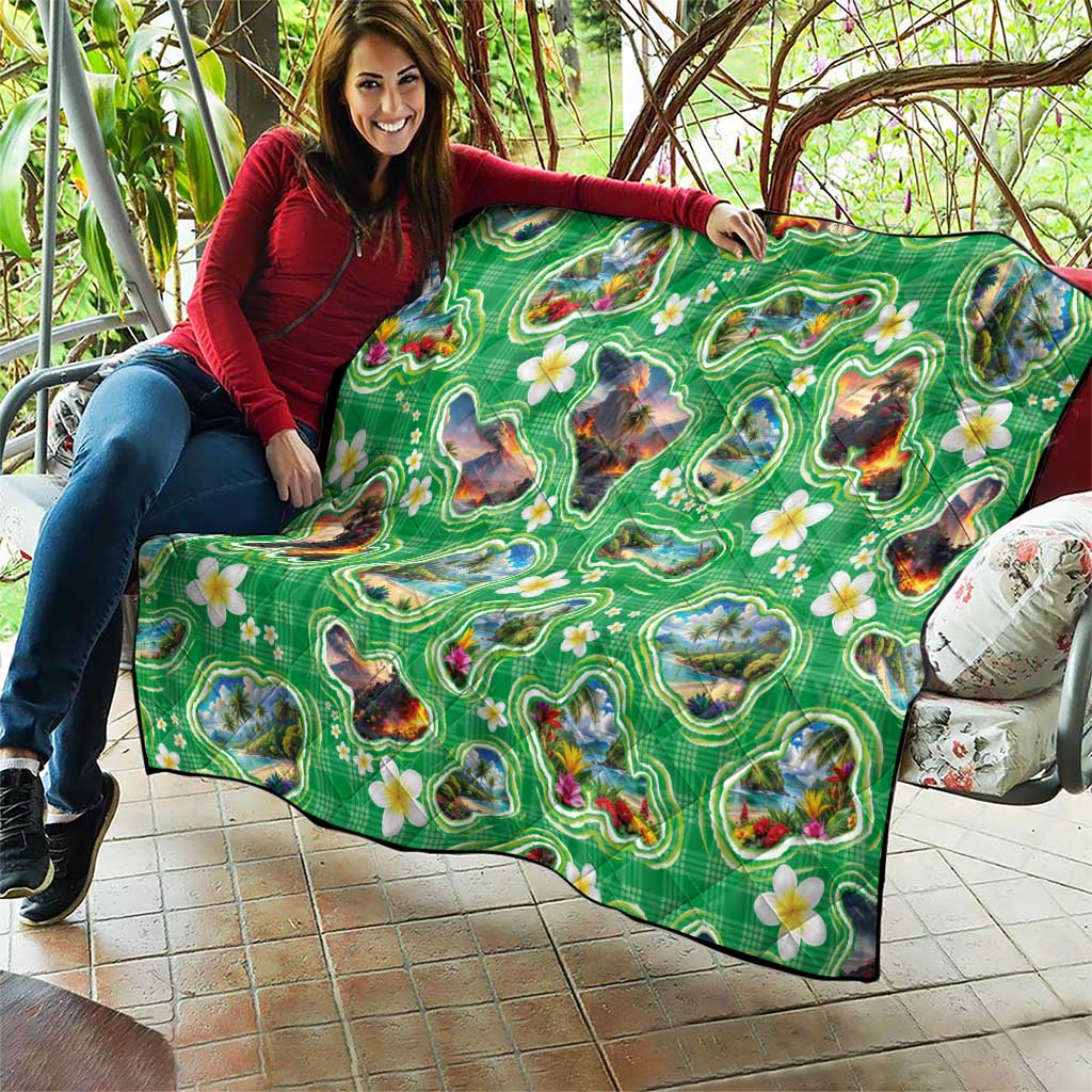 Hawaii Map with Plumeria Flower and Palaka Pattern Quilt Tropical Island Green Design LT03 - Polynesian Pride