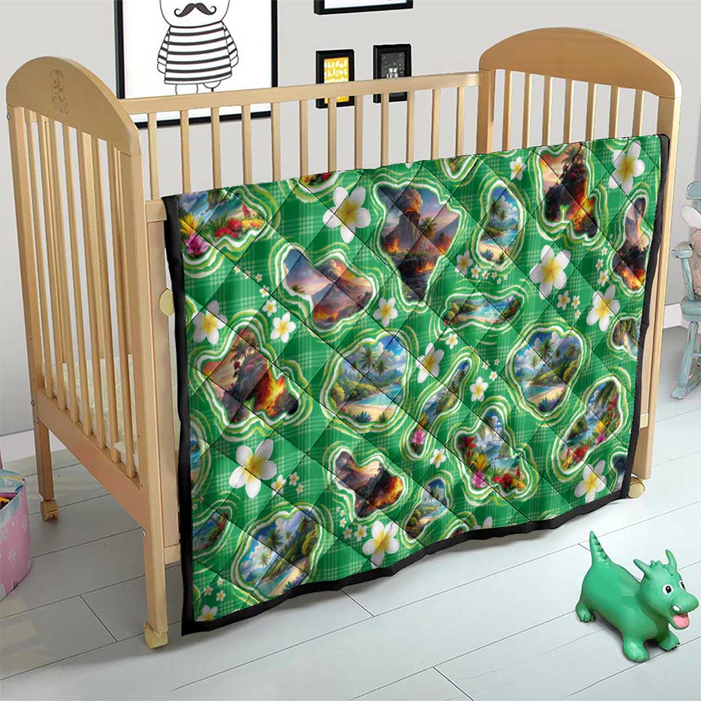 Hawaii Map with Plumeria Flower and Palaka Pattern Quilt Tropical Island Green Design LT03 - Polynesian Pride