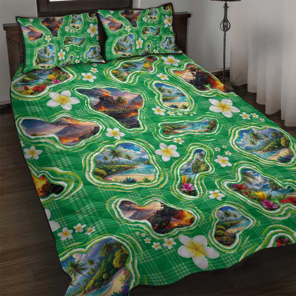 Hawaii Map with Plumeria Flower and Palaka Pattern Quilt Bed Set Tropical Island Green Design LT03 Green - Polynesian Pride