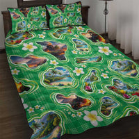 Hawaii Map with Plumeria Flower and Palaka Pattern Quilt Bed Set Tropical Island Green Design LT03 Green - Polynesian Pride