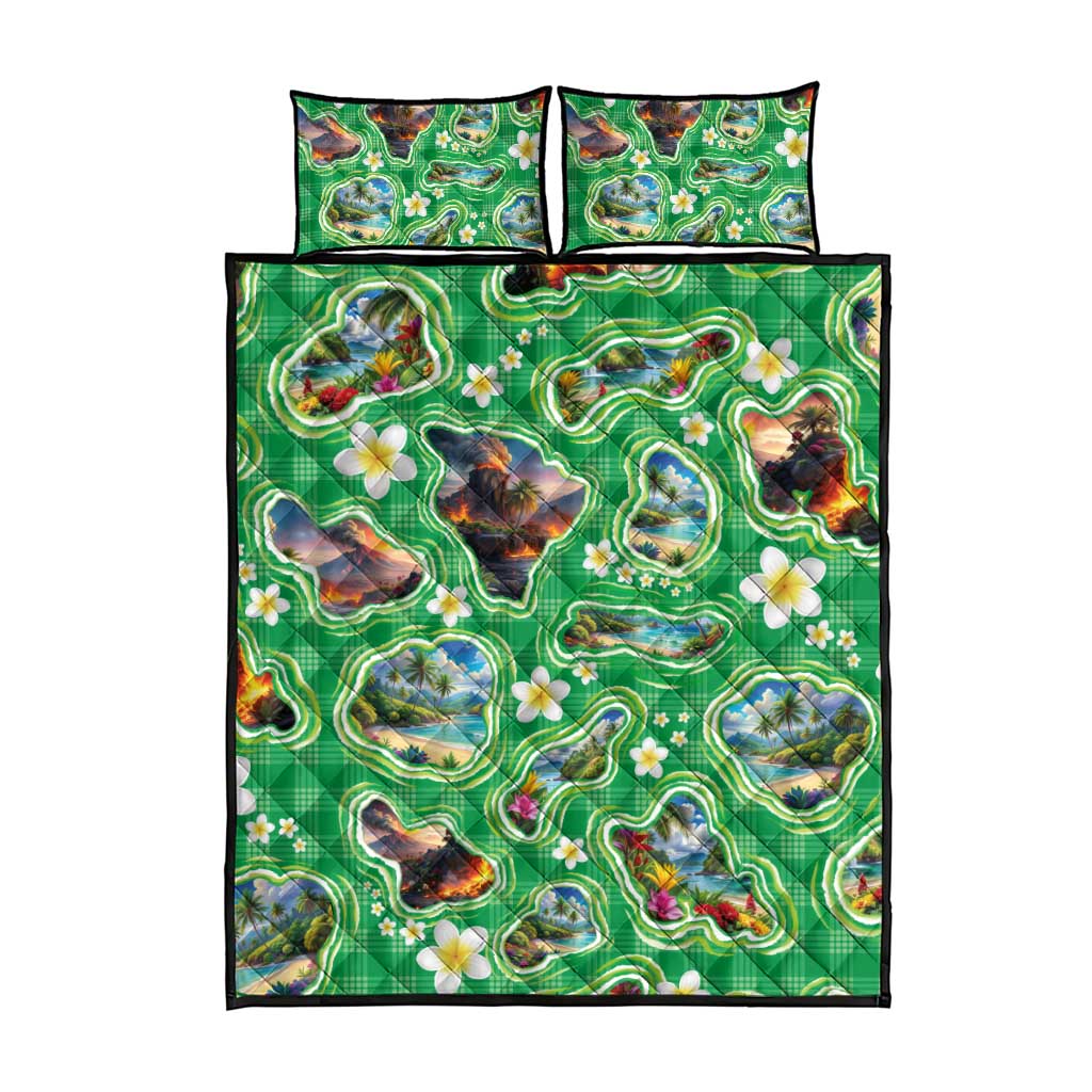 Hawaii Map with Plumeria Flower and Palaka Pattern Quilt Bed Set Tropical Island Green Design LT03 - Polynesian Pride