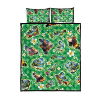 Hawaii Map with Plumeria Flower and Palaka Pattern Quilt Bed Set Tropical Island Green Design LT03 - Polynesian Pride