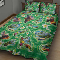 Hawaii Map with Plumeria Flower and Palaka Pattern Quilt Bed Set Tropical Island Green Design LT03 - Polynesian Pride