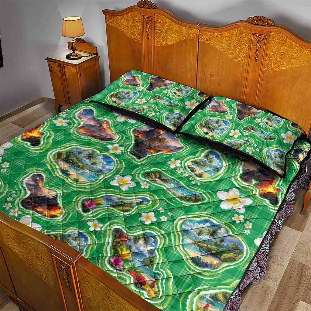 Hawaii Map with Plumeria Flower and Palaka Pattern Quilt Bed Set Tropical Island Green Design LT03 - Polynesian Pride