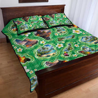 Hawaii Map with Plumeria Flower and Palaka Pattern Quilt Bed Set Tropical Island Green Design LT03 - Polynesian Pride