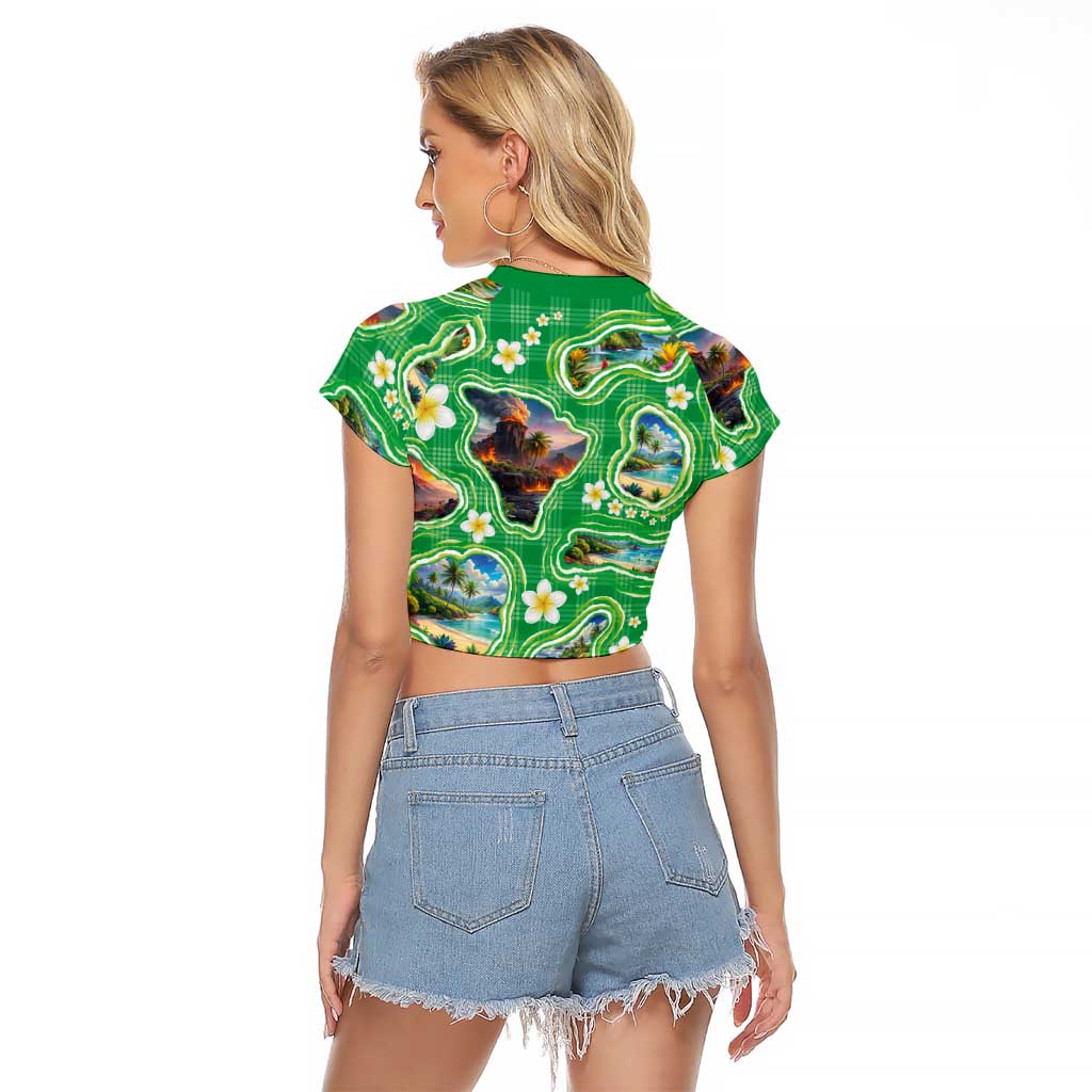Hawaii Map with Plumeria Flower and Palaka Pattern Raglan Cropped T Shirt Tropical Island Green Design LT03 - Polynesian Pride