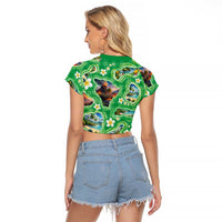 Hawaii Map with Plumeria Flower and Palaka Pattern Raglan Cropped T Shirt Tropical Island Green Design LT03 - Polynesian Pride