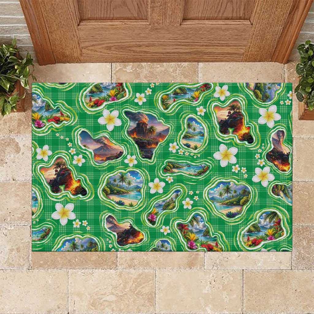 Hawaii Map with Plumeria Flower and Palaka Pattern Rubber Doormat Tropical Island Green Design LT03 Green - Polynesian Pride