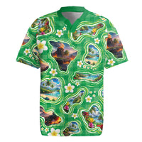 Hawaii Map with Plumeria Flower and Palaka Pattern Rugby Jersey Tropical Island Green Design LT03 Green - Polynesian Pride