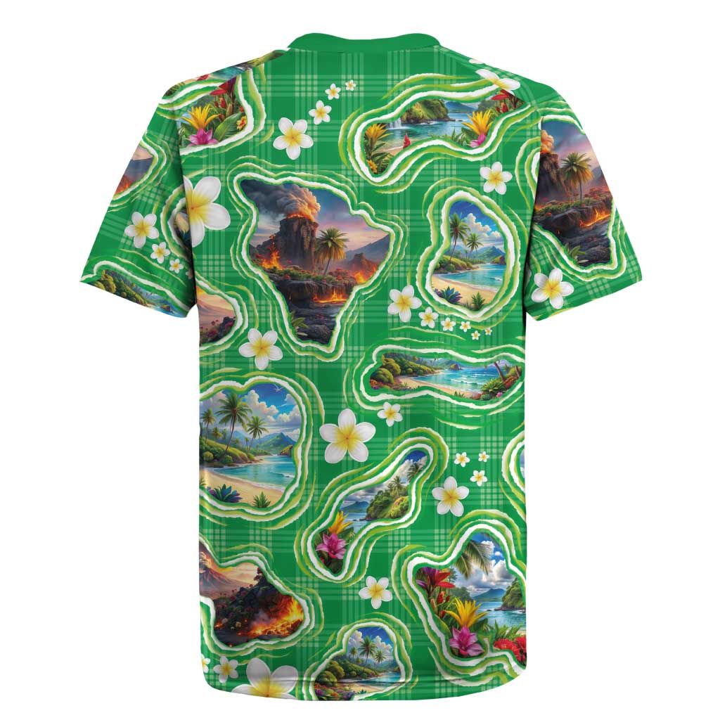 Hawaii Map with Plumeria Flower and Palaka Pattern Rugby Jersey Tropical Island Green Design LT03 - Polynesian Pride