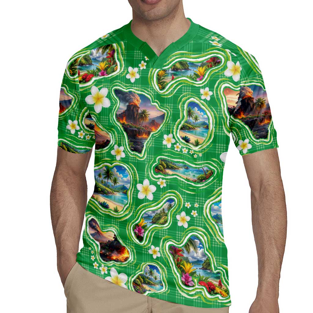 Hawaii Map with Plumeria Flower and Palaka Pattern Rugby Jersey Tropical Island Green Design LT03 - Polynesian Pride