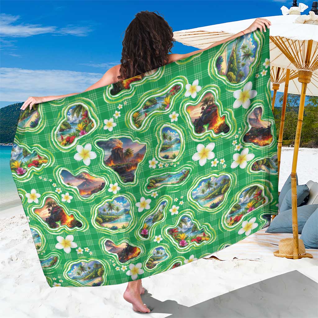 Hawaii Map with Plumeria Flower and Palaka Pattern Sarong Tropical Island Green Design