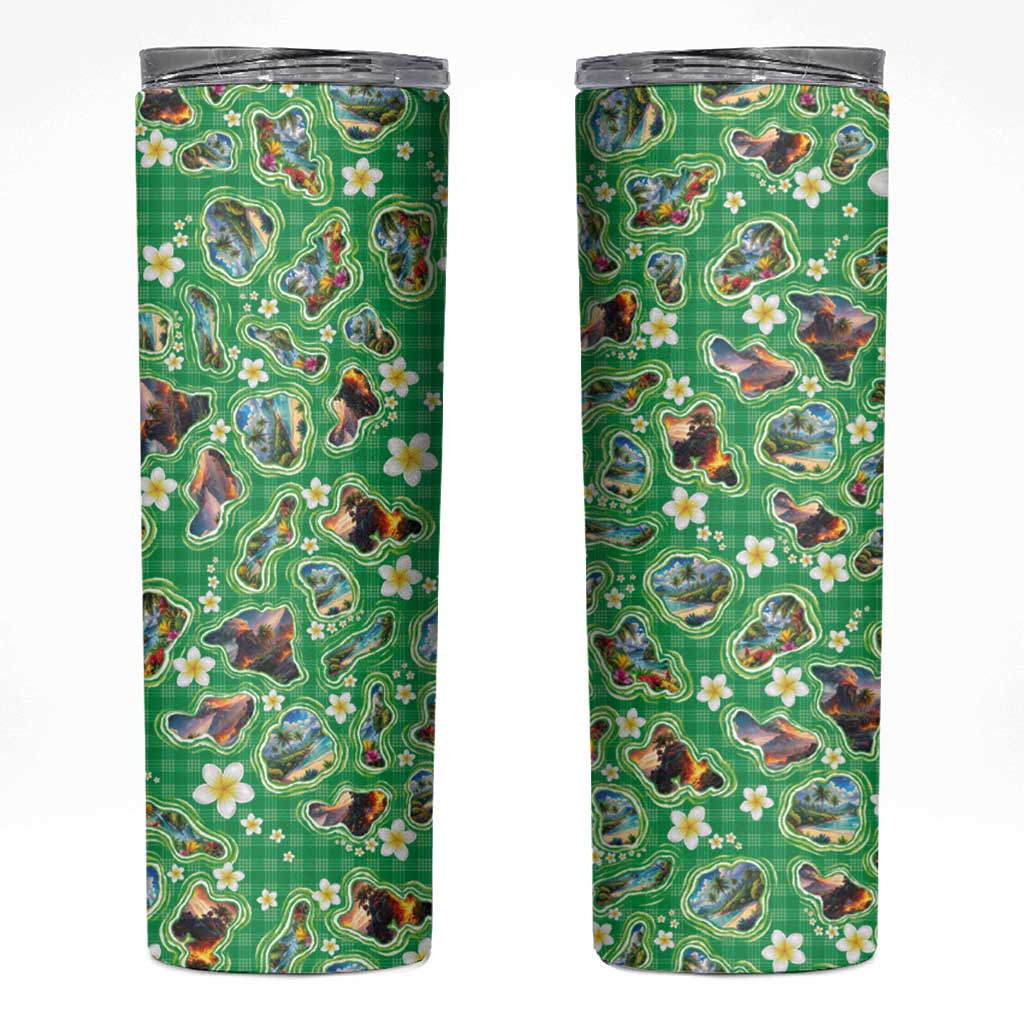 Hawaii Map with Plumeria Flower and Palaka Pattern Skinny Tumbler Tropical Island Green Design LT03 Green - Polynesian Pride