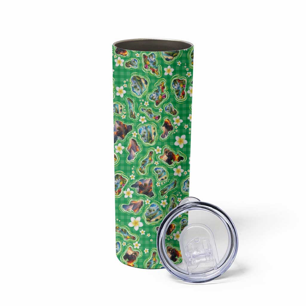 Hawaii Map with Plumeria Flower and Palaka Pattern Skinny Tumbler Tropical Island Green Design LT03 - Polynesian Pride