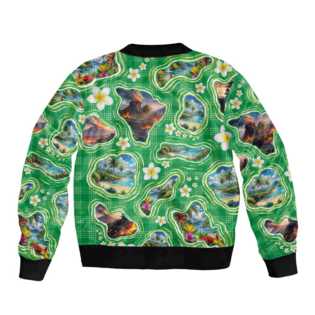 Hawaii Map with Plumeria Flower and Palaka Pattern Sleeve Zip Bomber Jacket Tropical Island Green Design LT03 - Polynesian Pride