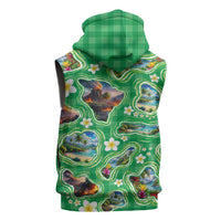 Hawaii Map with Plumeria Flower and Palaka Pattern Sleeveless Hoodie Tropical Island Green Design LT03 - Polynesian Pride