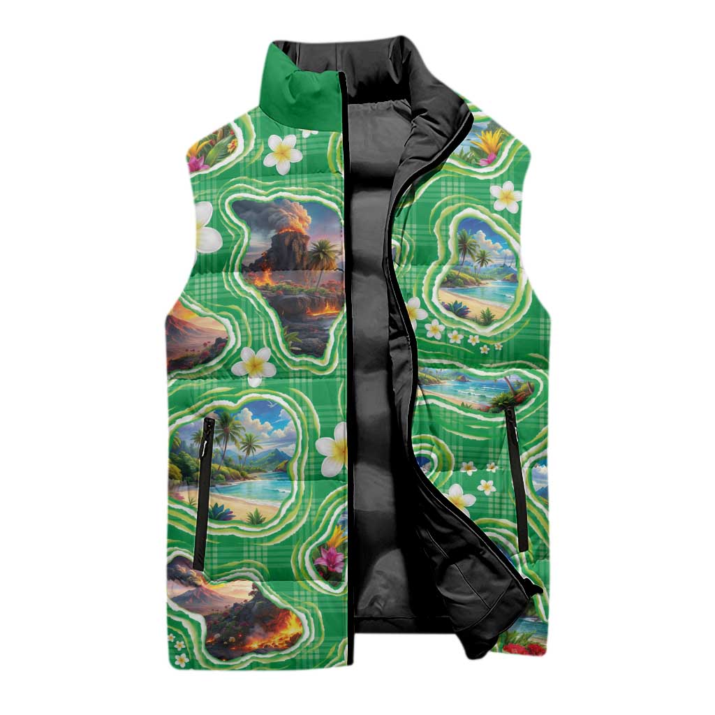 Hawaii Map with Plumeria Flower and Palaka Pattern Sleeveless Puffer Jacket Tropical Island Green Design LT03 - Polynesian Pride