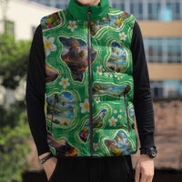 Hawaii Map with Plumeria Flower and Palaka Pattern Sleeveless Puffer Jacket Tropical Island Green Design LT03 - Polynesian Pride
