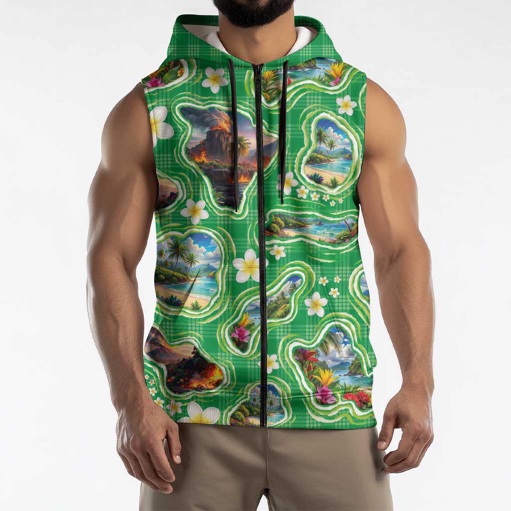 Hawaii Map with Plumeria Flower and Palaka Pattern Sleeveless Zip Hoodie Tropical Island Green Design LT03 - Polynesian Pride