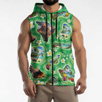 Hawaii Map with Plumeria Flower and Palaka Pattern Sleeveless Zip Hoodie Tropical Island Green Design LT03 - Polynesian Pride