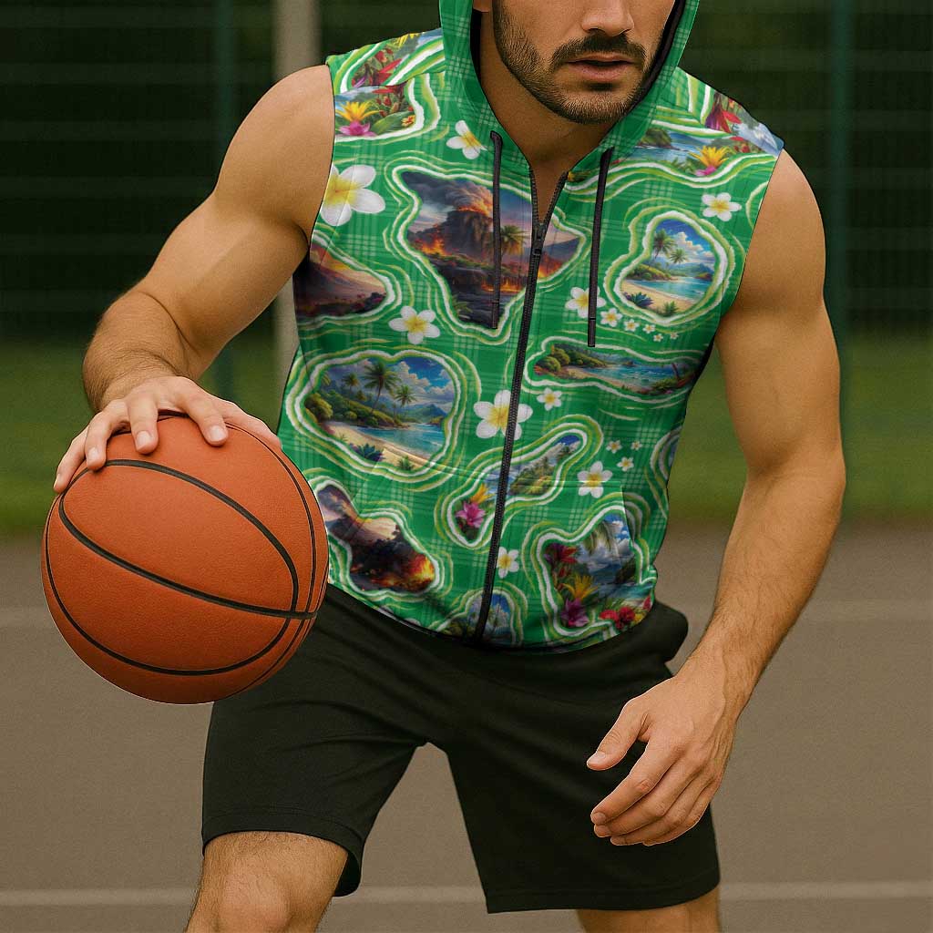 Hawaii Map with Plumeria Flower and Palaka Pattern Sleeveless Zip Hoodie Tropical Island Green Design LT03 - Polynesian Pride