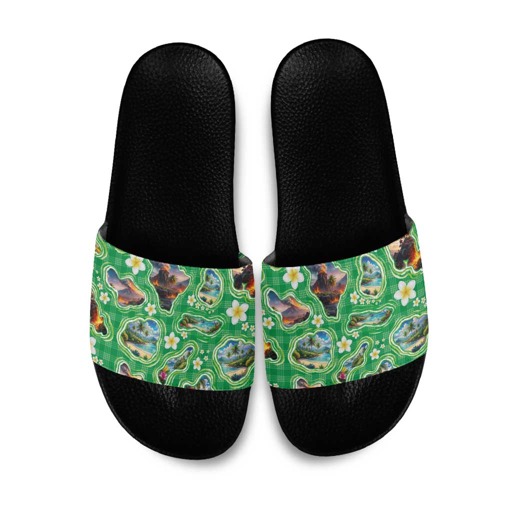 Hawaii Map with Plumeria Flower and Palaka Pattern Slide Sandals Tropical Island Green Design